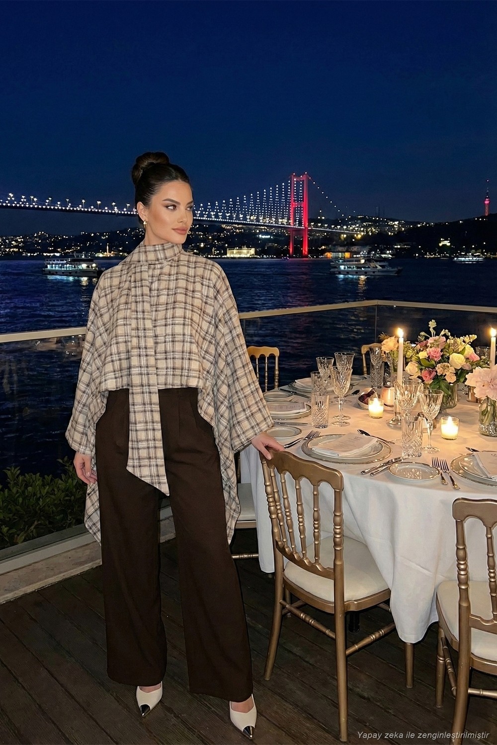 Lela Ekoseli Pamuklu Oversize Fit Fular Yakalı Panço Bayan Panço 6925472 görsel 8