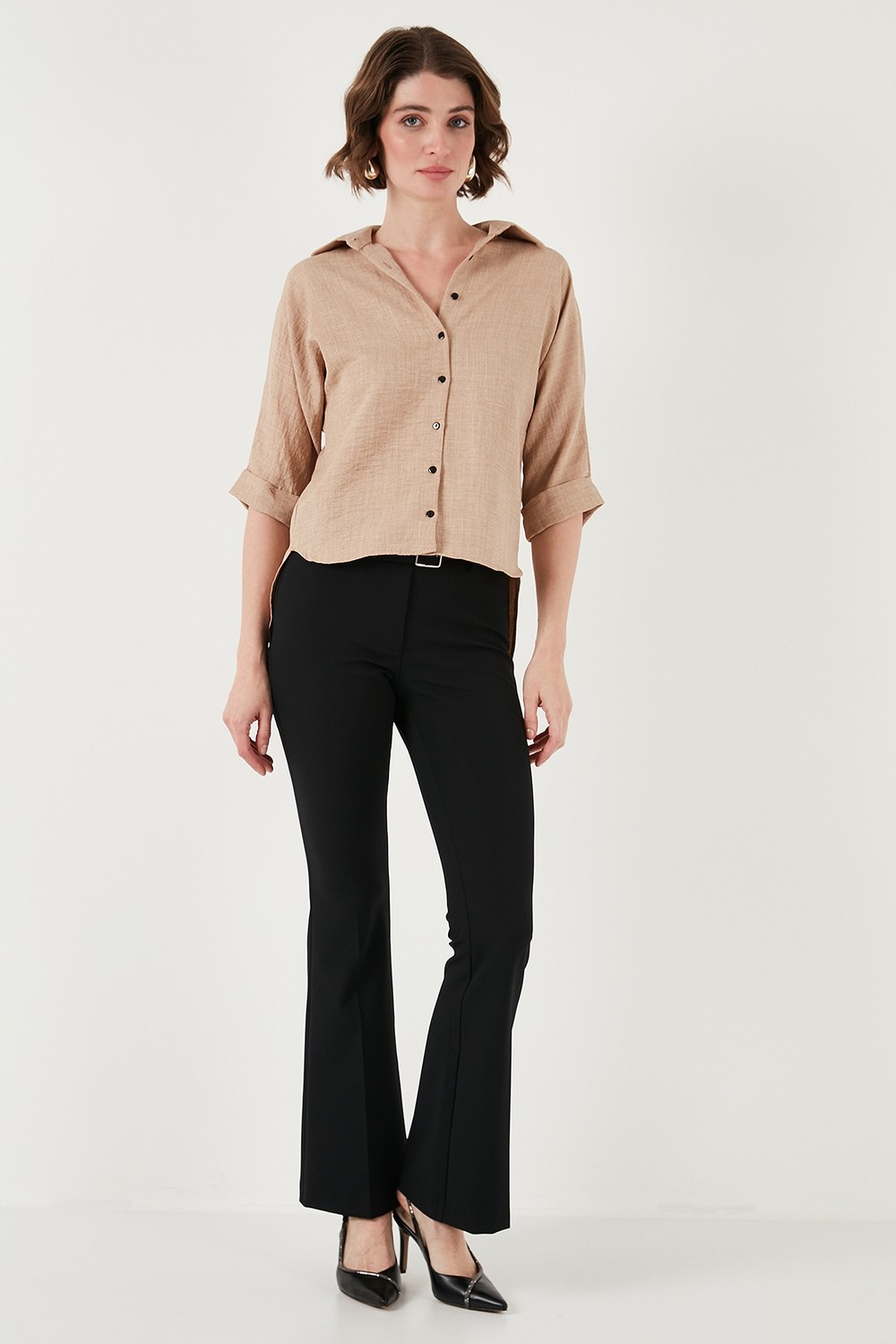 Lela Oversize Fit Önü Kısa Arkası Uzun Truvakar Kol Gömlek Kadın Gömlek 5866116 görsel 3