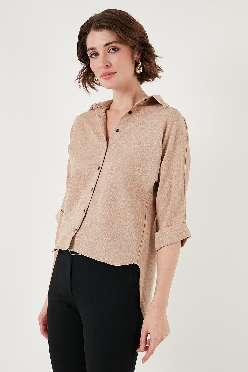 Lela Oversize Fit Önü Kısa Arkası Uzun Truvakar Kol Gömlek Kadın Gömlek 5866116 görsel 4