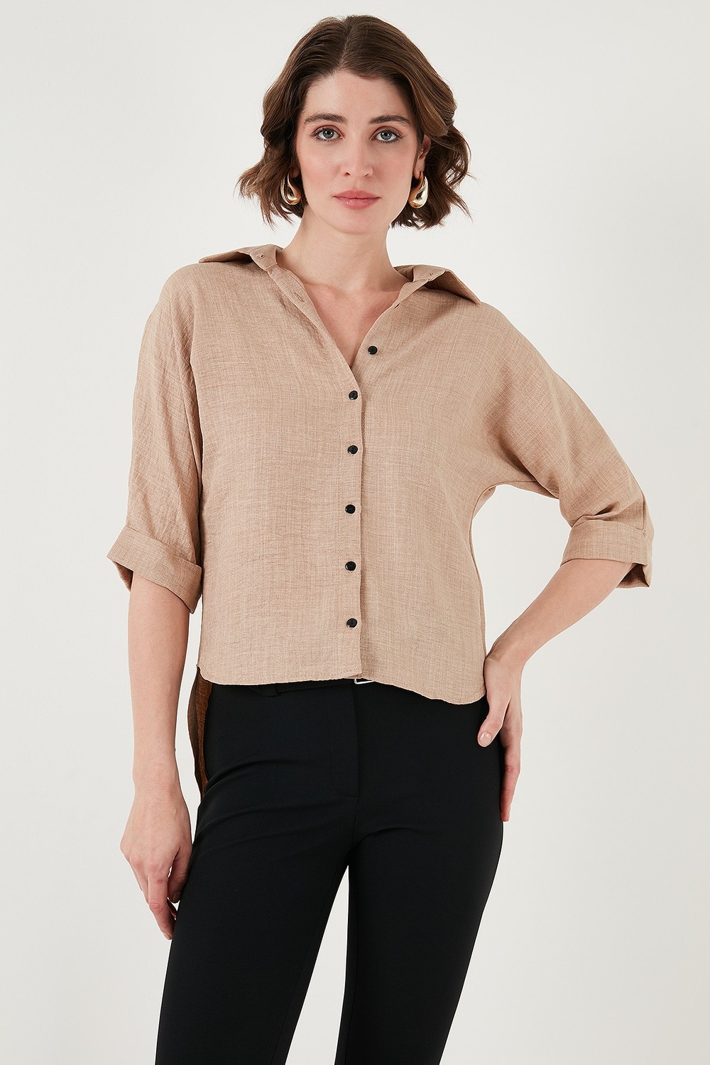Lela Oversize Fit Önü Kısa Arkası Uzun Truvakar Kol Gömlek Kadın Gömlek 5866116 görsel 6