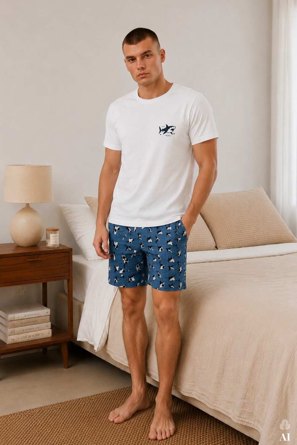 Koza İç Giyim Erkek Pamuklu Baskılı Cepli Şortlu Pijama Takımı Modern Desen görsel 5