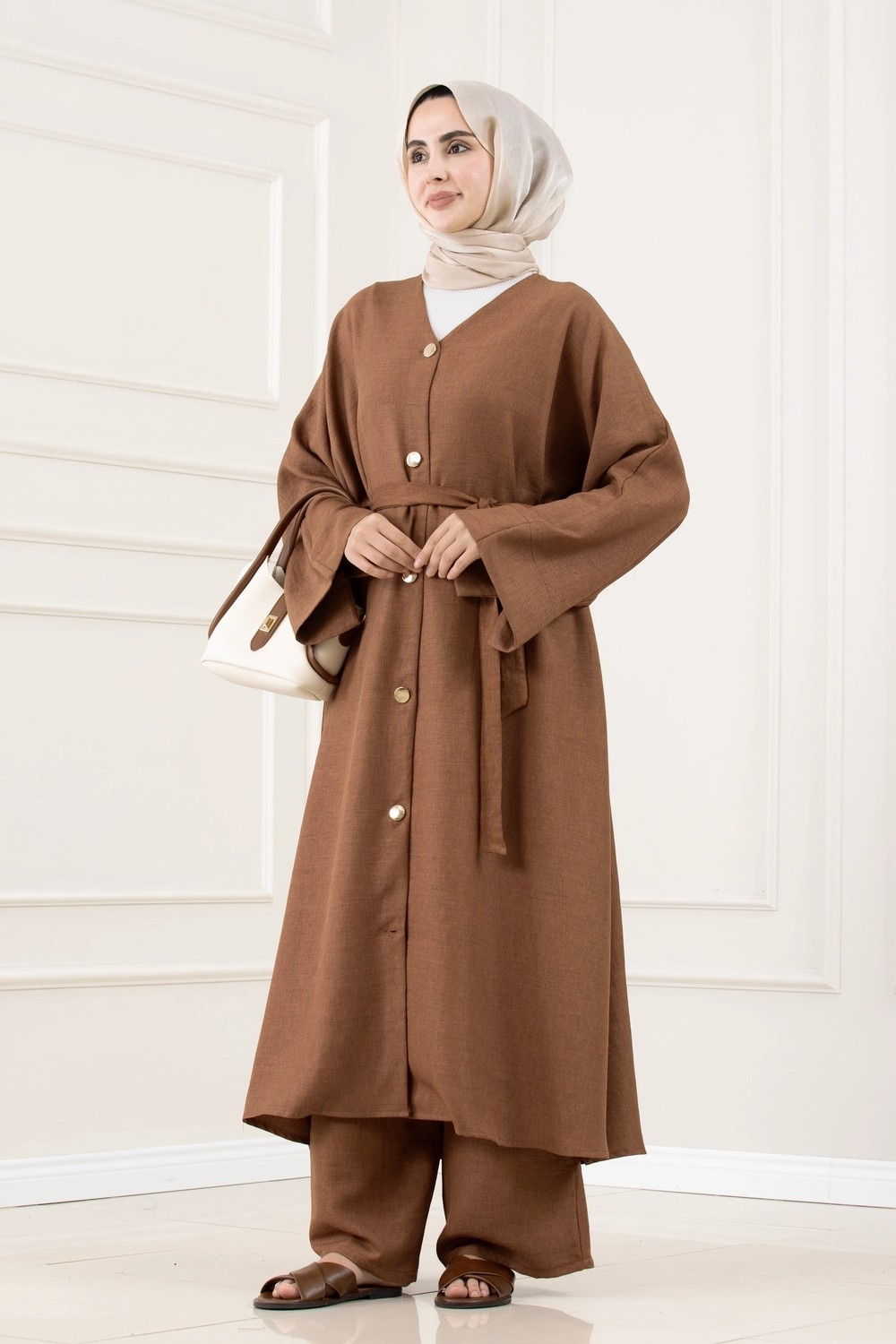 Sevitli Düğmeli Davin Abaya Ikili Takım-Yeşil görsel 6