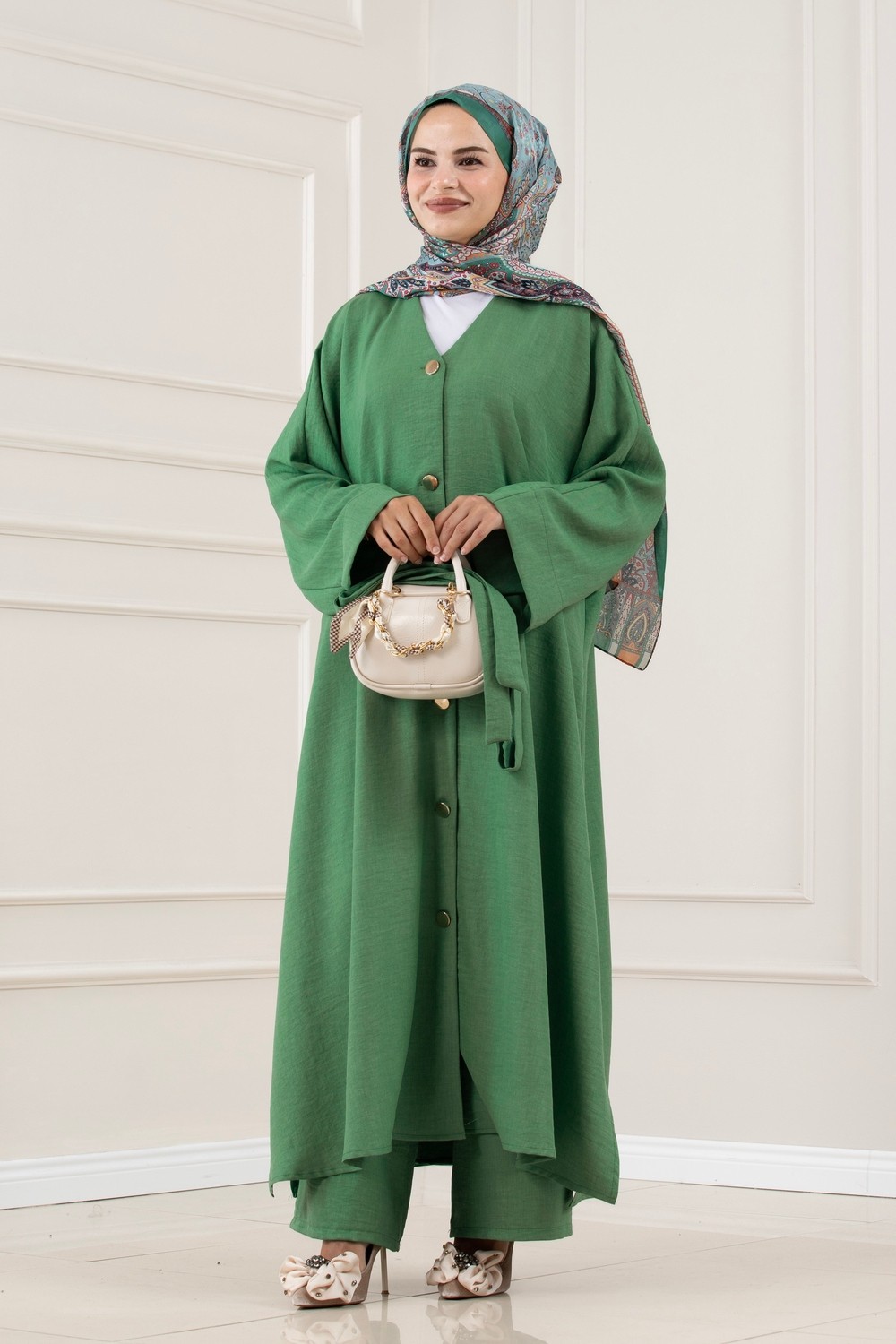 Sevitli Düğmeli Davin Abaya Ikili Takım-Yeşil