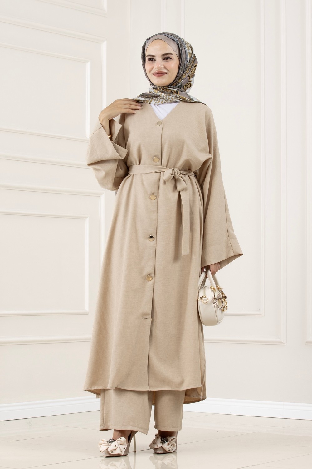 Sevitli Düğmeli Davin Abaya Ikili Takım-Yeşil