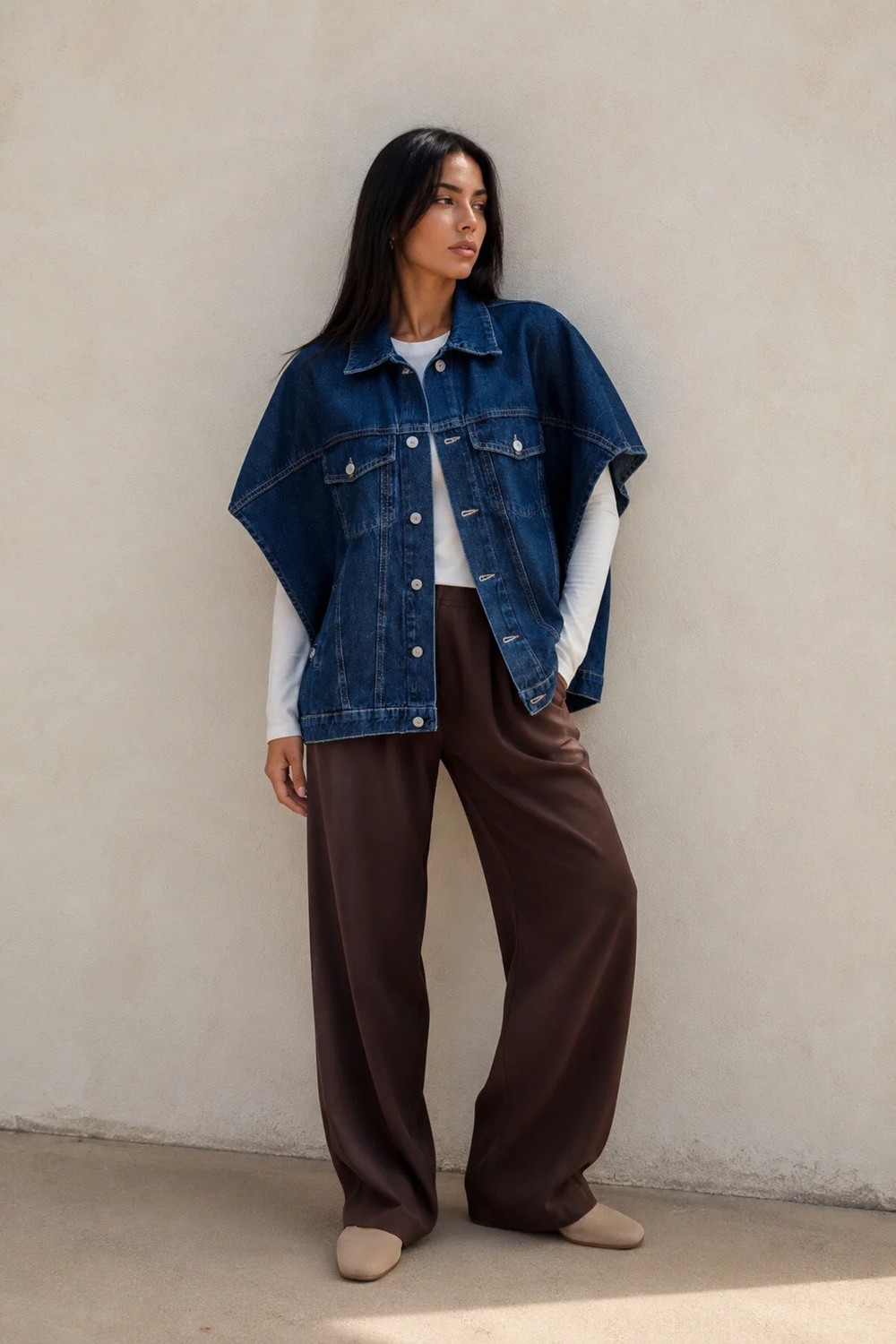 Shevega Lacivert Oversize Panço Kolsuz Kot Denim Jean Yelek