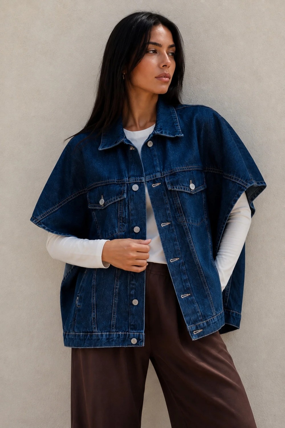 Shevega Lacivert Oversize Panço Kolsuz Kot Denim Jean Yelek görsel 2