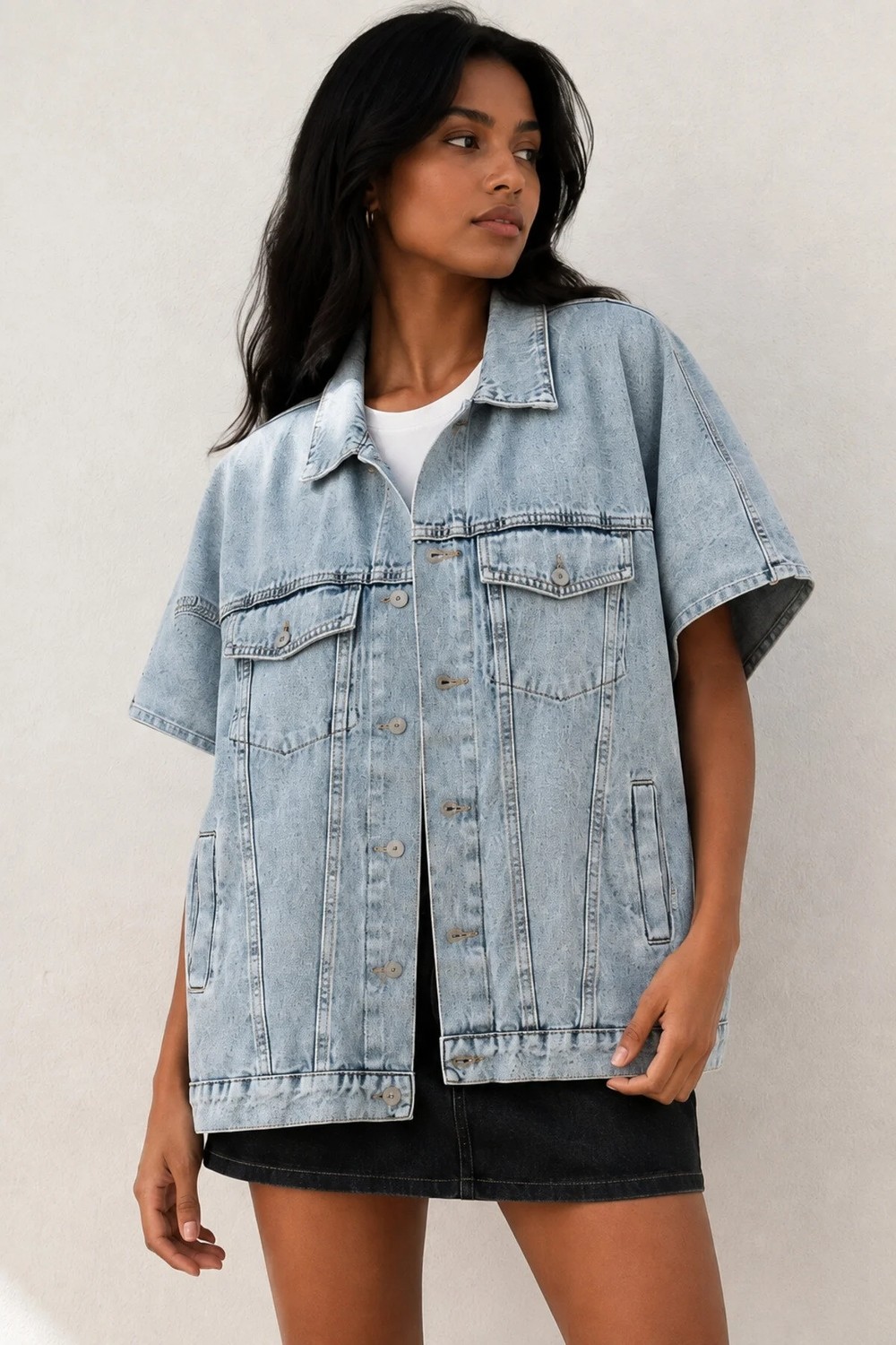 Shevega Lacivert Oversize Panço Kolsuz Kot Denim Jean Yelek görsel 5