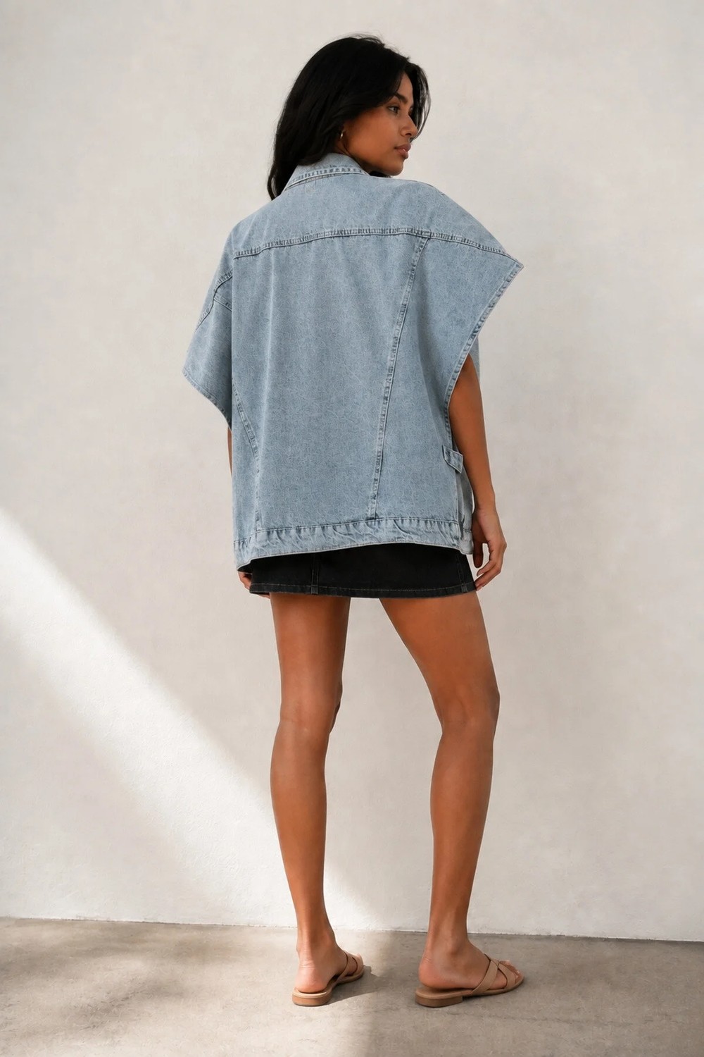 Shevega Lacivert Oversize Panço Kolsuz Kot Denim Jean Yelek görsel 6