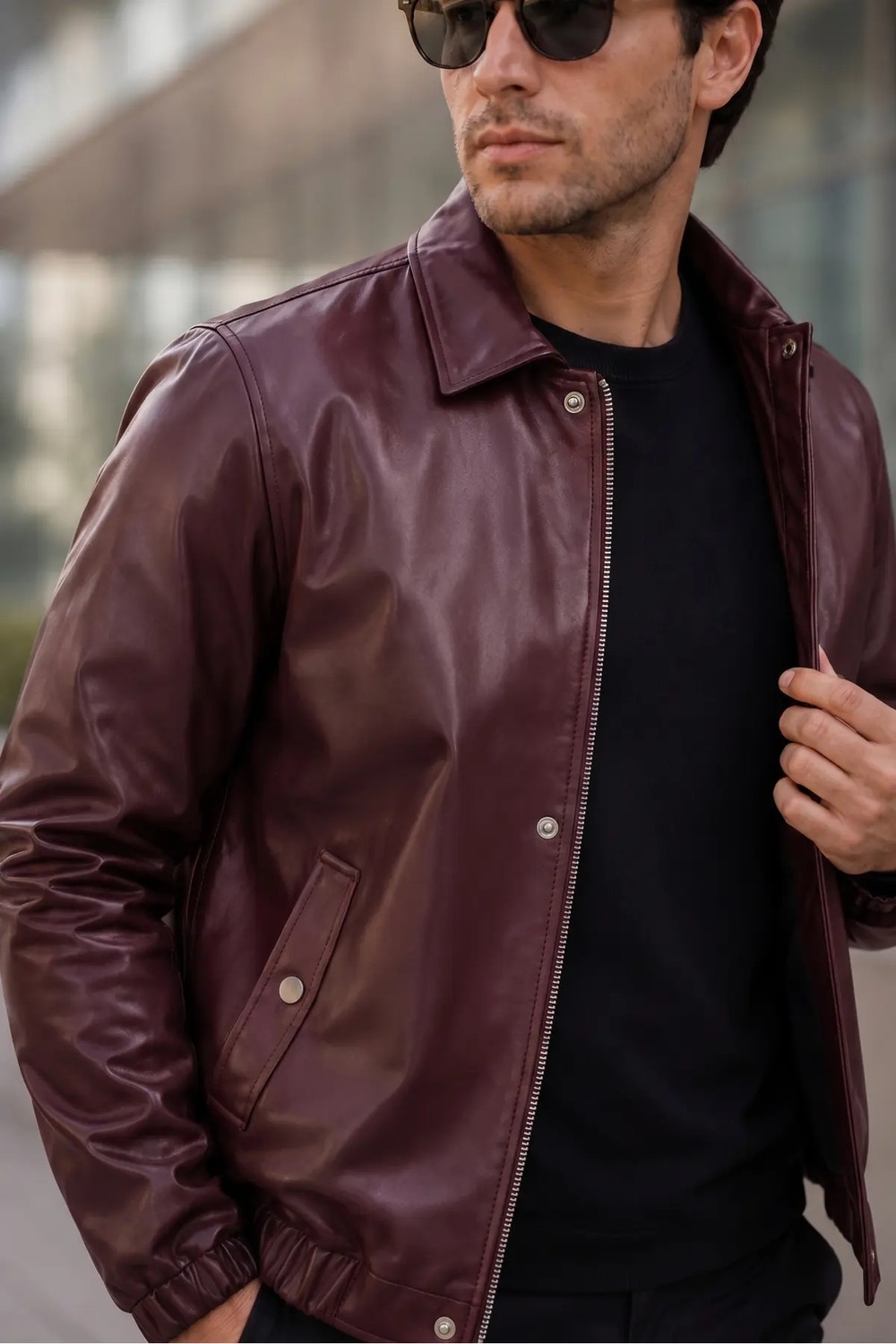 Mero Life Erkek Bordo Basic Rahat Kesim Bel Lastikli Deri Ceket görsel 3