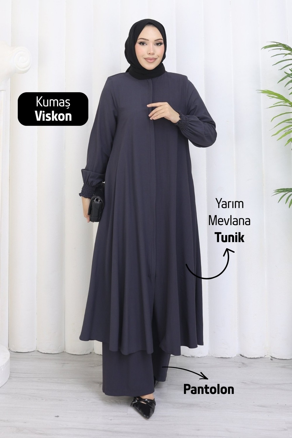 Moda Hayme Viskon Alt Üst Ikili Tesettür Takım Yarım Mevlana Tunik ve Pantolon Bir Arada Kahverengi