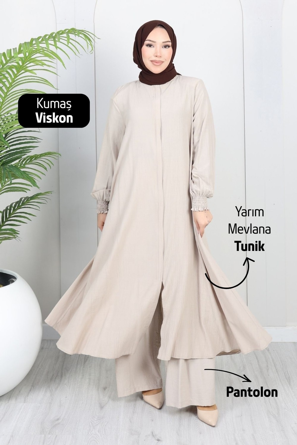 Moda Hayme Viskon Alt Üst Ikili Tesettür Takım Yarım Mevlana Tunik ve Pantolon Bir Arada Kahverengi