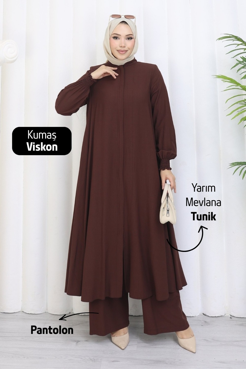 Moda Hayme Viskon Alt Üst Ikili Tesettür Takım Yarım Mevlana Tunik ve Pantolon Bir Arada Kahverengi