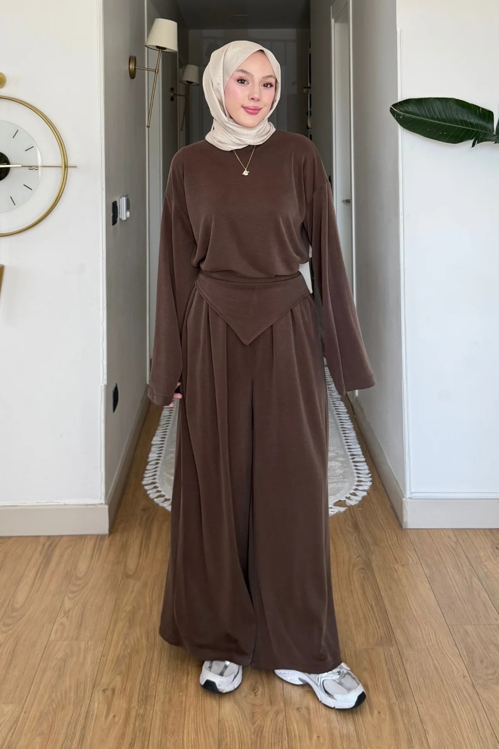 Tesettür Diyarı Ruby Pike Orijinal Modal Kumaş Parçalı Pantolon- Tunik Tesettür Takım- Siyah