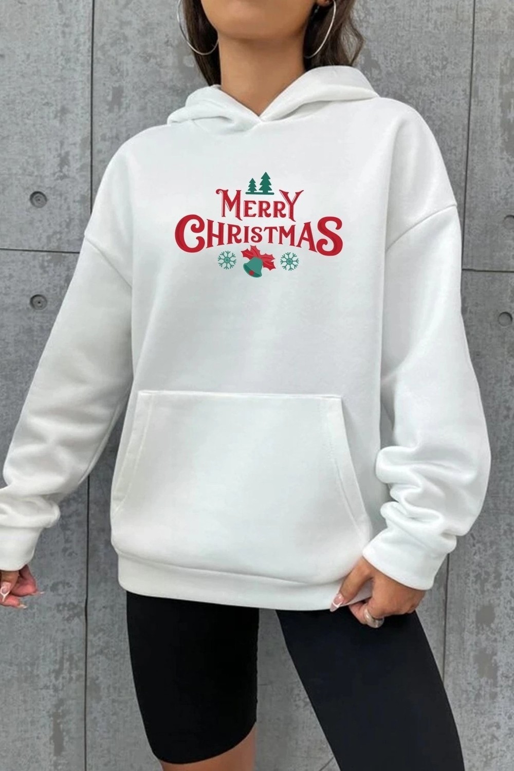 Tarz Yeri Yılbaşı Merry Christmas Baskılı Oversize Kapüşonlu Sweatshirt Hoodie - Beyaz
