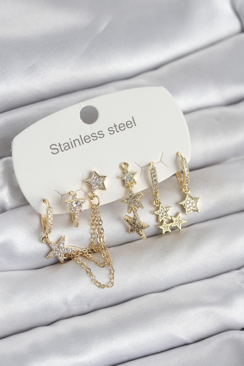 Die Grup 316L Çelik Gold Renk 6'lı Set Zincirli Yıldız Modelli Kadın Küpe TJ-BKP11747