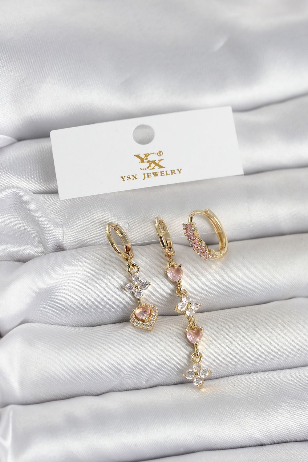 Die Grup Pirinç Gold Renk Pembe Zirkon Taşlı 3'lü Kadın Küpe TJ-BKP11707