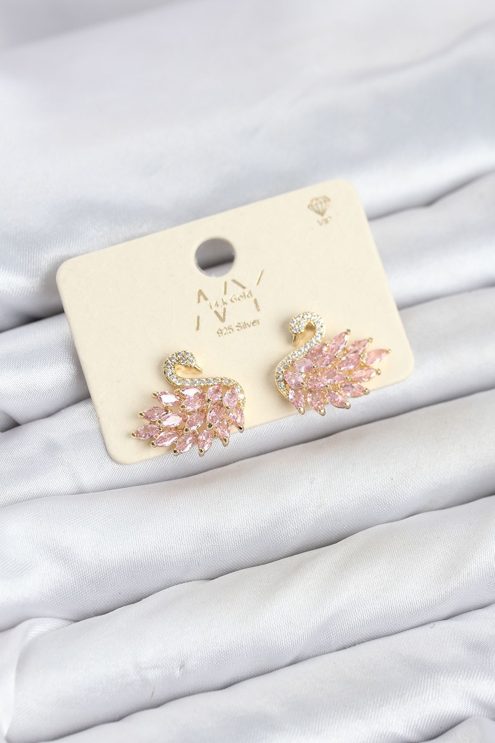 Die Grup Pembe Zirkon Taşlı Gold Swan Kuğu Model Kadın Küpe TJ-BKP11942