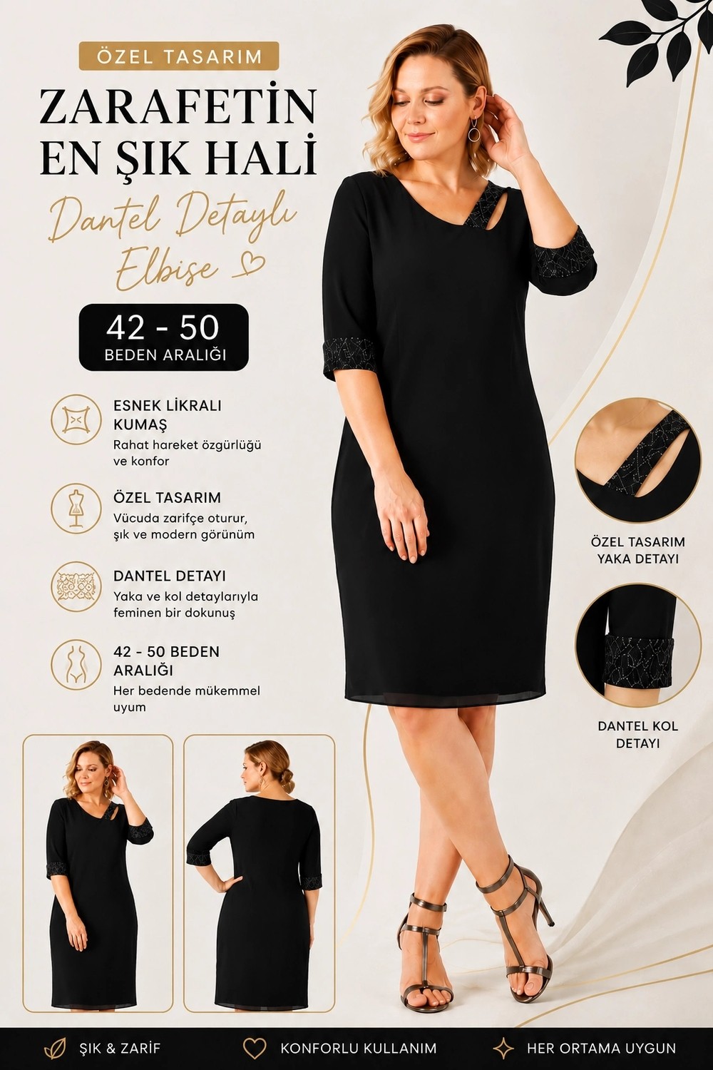 Moda Berray 2626 Siyah Esnek Likralı Kumaş Manşeti Yakası Dantel Detaylı Kısa Şık Büyük Beden Elbise