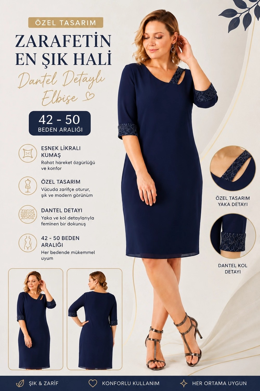 Moda Berray 2626 Lacivert Esnek Likralı Kumaş Manşeti Yakası Dantel Detaylı Kısa Şık Büyük Beden Elbise