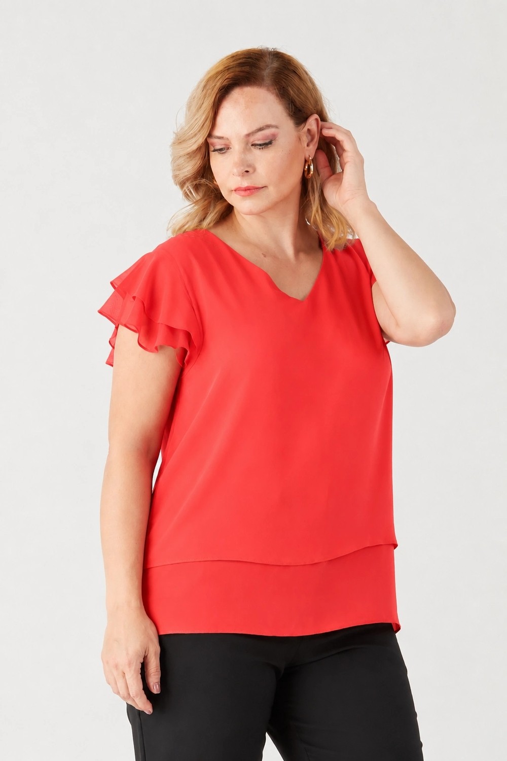 Moda Berray 3249 Omuz Fırfırlı Şifon Bluz Mercan