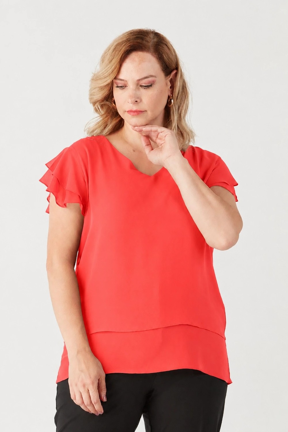 Moda Berray 3249 Omuz Fırfırlı Şifon Bluz Mercan görsel 3