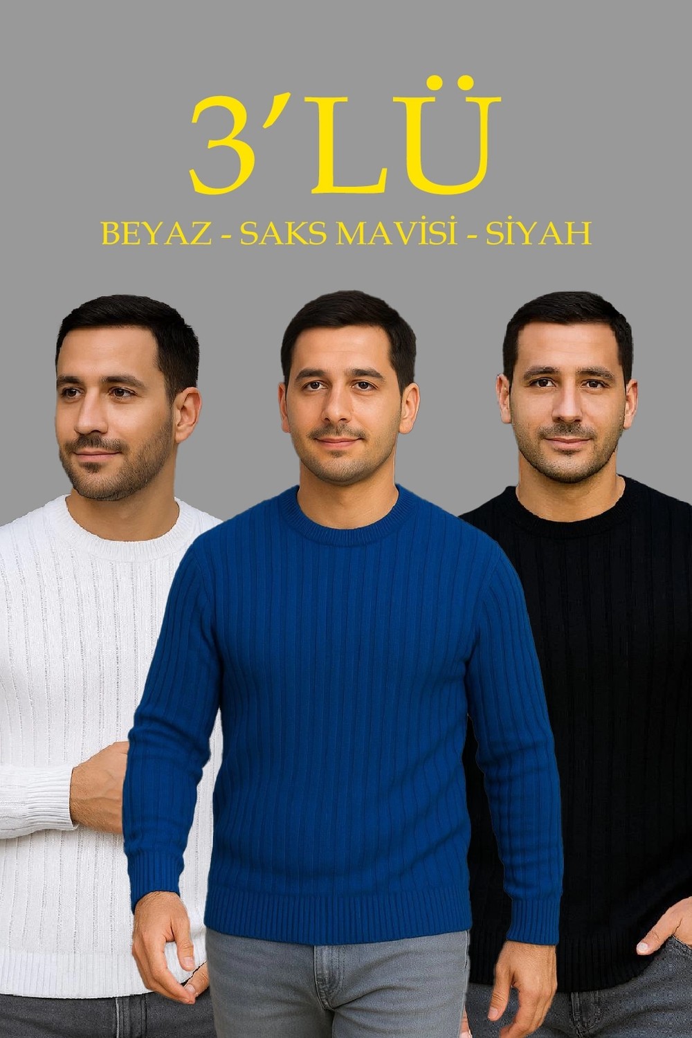 Hace Bazaar Fitilli Triko Kazak 3’lü Set, Beyaz, Saks Mavisi, Siyah | Kalın Dokuma Pamuklu Regular Fit Bi