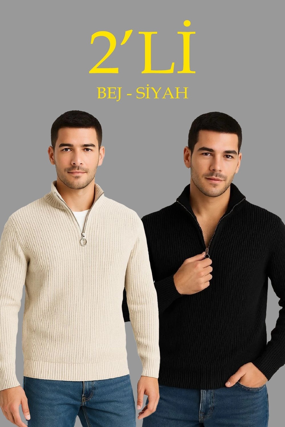 Hace Bazaar Fitilli Triko Kazak 2’li Set, Siyah Bej -Hcb