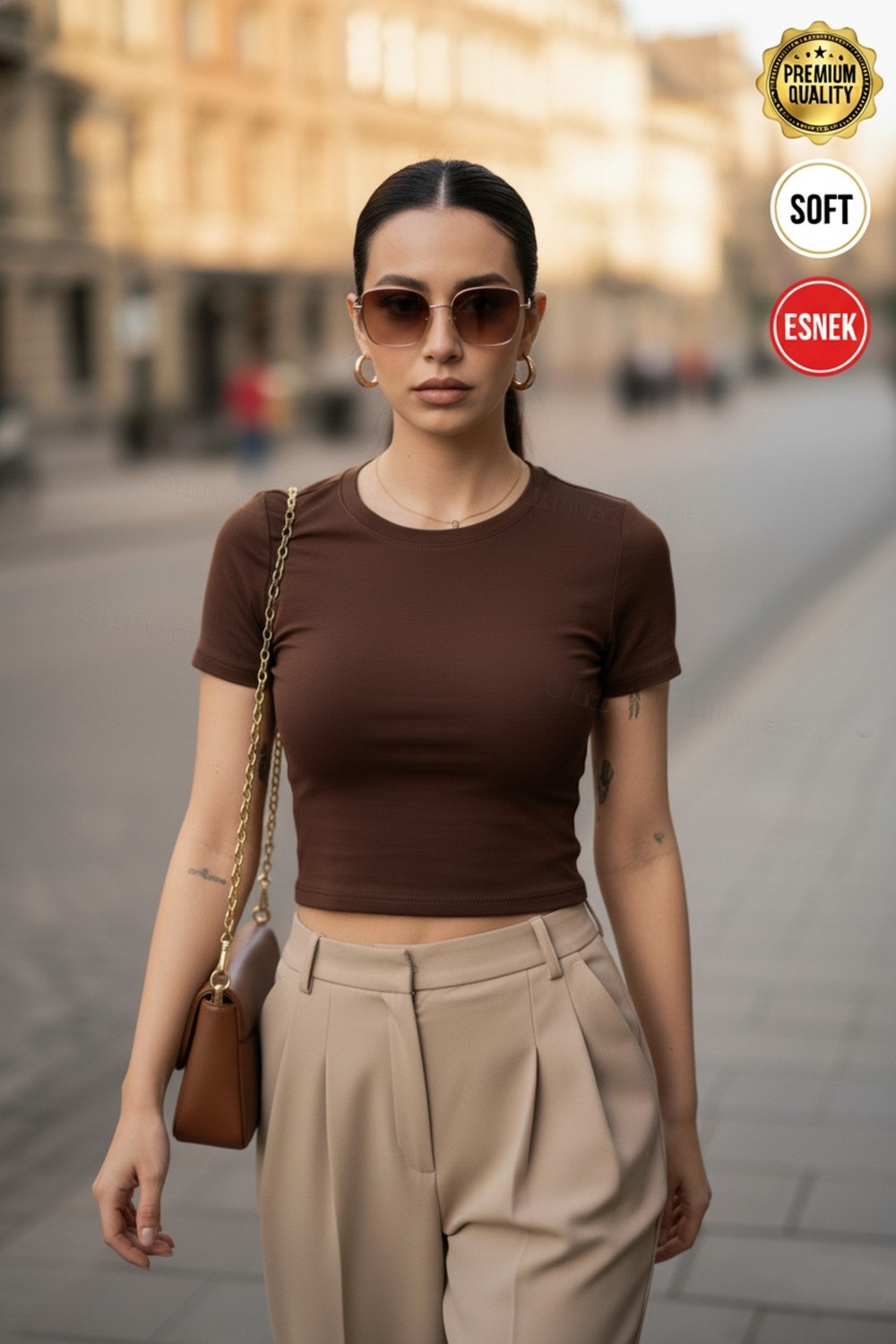 Teenage Millionaire Kadın Kahverengi Bisiklet Yaka Likralı Kısa Kol Body Crop Bluz görsel 2