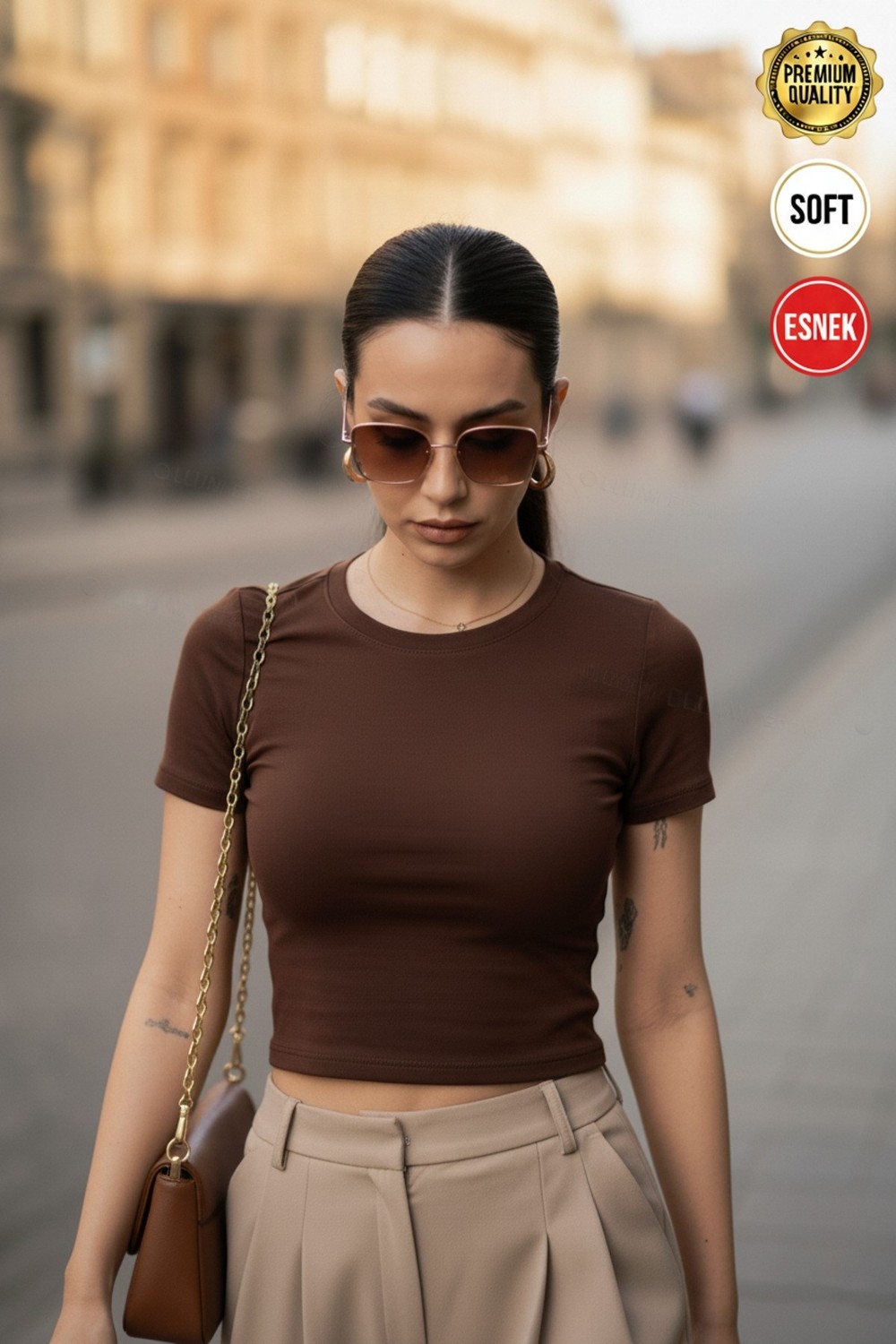 Teenage Millionaire Kadın Kahverengi Bisiklet Yaka Likralı Kısa Kol Body Crop Bluz görsel 3