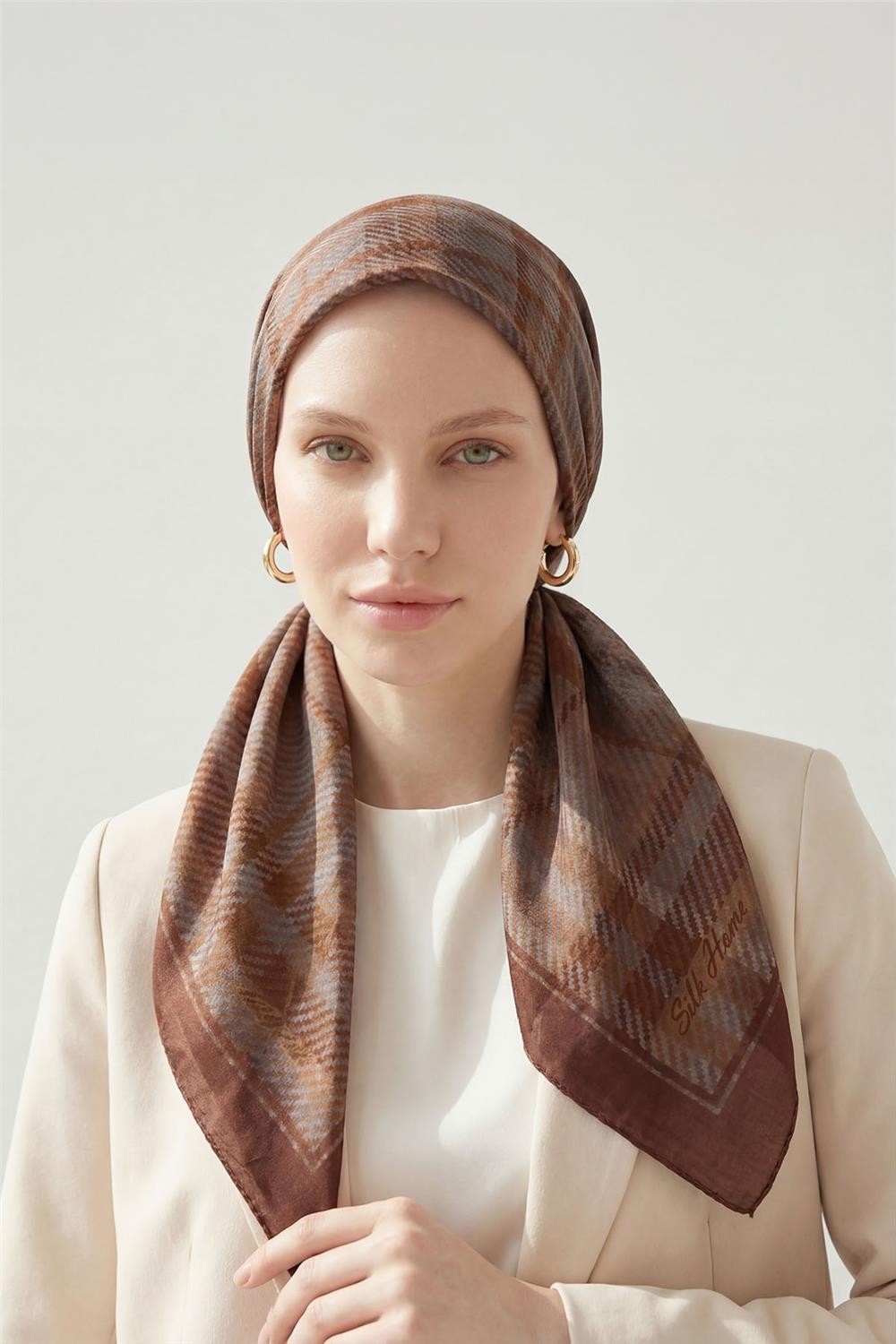 Silk Home Viskon Velora Eşarp Dört Mevsim Ekose Desen Kahve Bordo 90X90