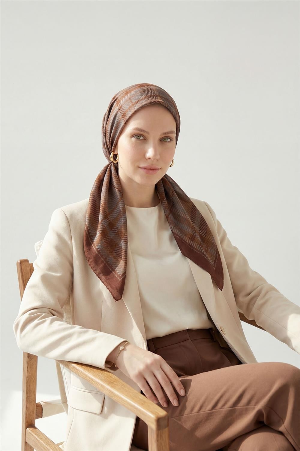 Silk Home Viskon Velora Eşarp Dört Mevsim Ekose Desen Kahve Bordo 90X90 görsel 3