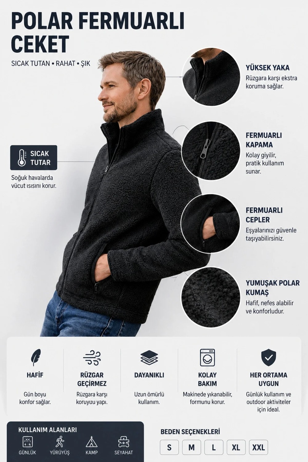 Luxic Core Luxıc Core Erkek Lacivert Peluş Polar Slim Fit Dik Yaka Fermuarlı Cepli Erkek Günlük Polar