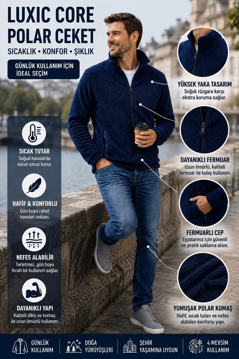 Luxic Core Luxıc Core Erkek Lacivert Peluş Polar Slim Fit Dik Yaka Fermuarlı Cepli Erkek Günlük Polar görsel 7