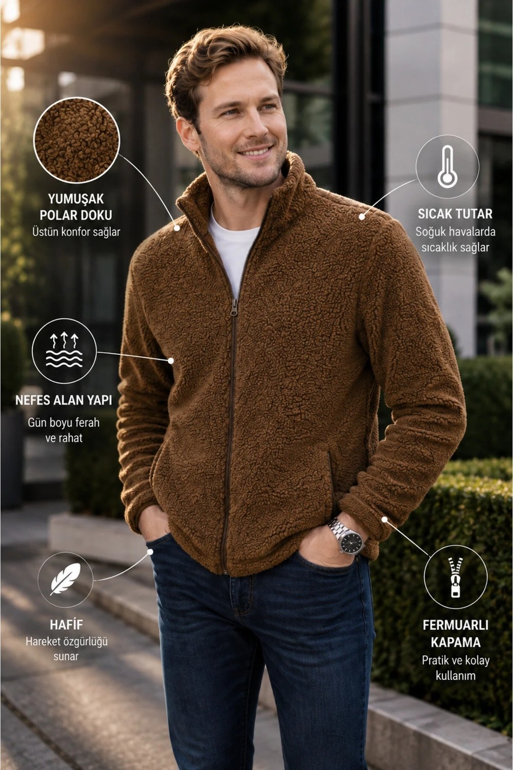 Luxic Core Luxıc Core Erkek Lacivert Peluş Polar Slim Fit Dik Yaka Fermuarlı Cepli Erkek Günlük Polar