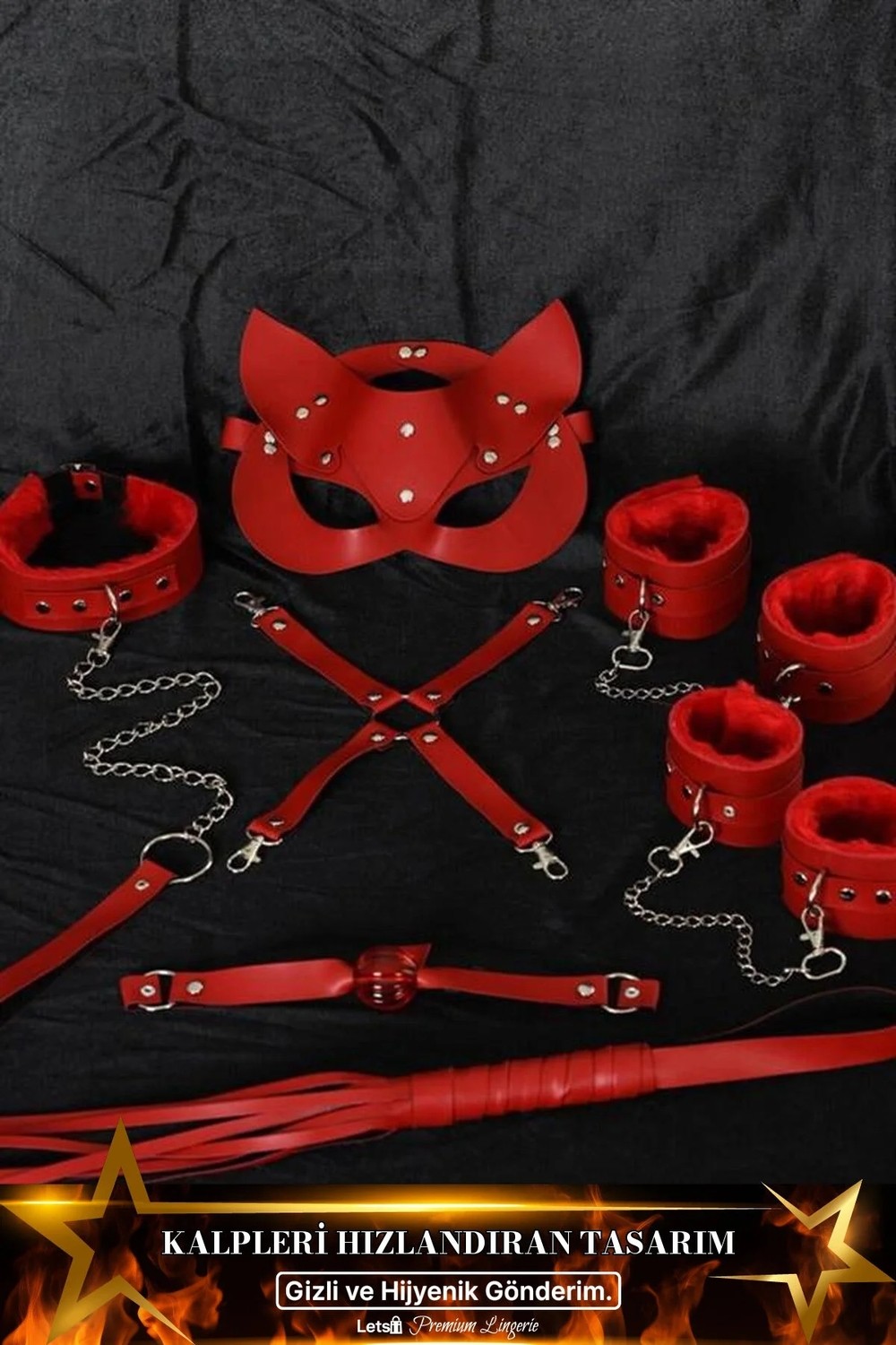 Mirimoro Kırmızı Içi Tüylü Maske,kol,bacak,ağız Topu,kırbaç,tasma Harness Set