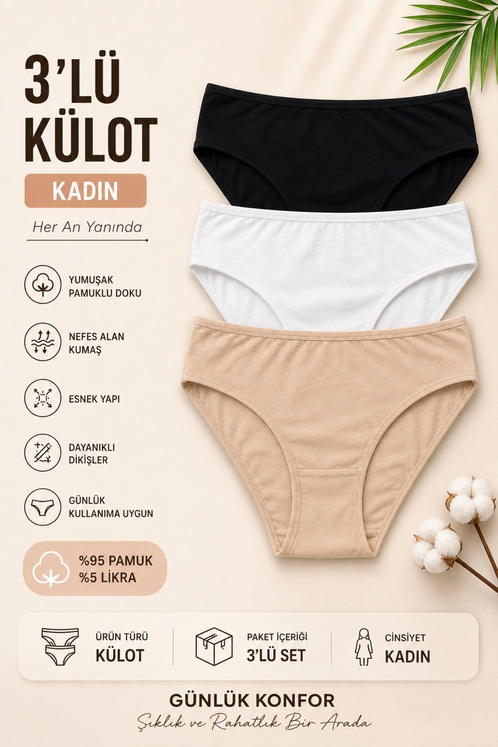 Nicoletta Kadın Külot 3 Lü Paket Likralı Pamuklu görsel 3
