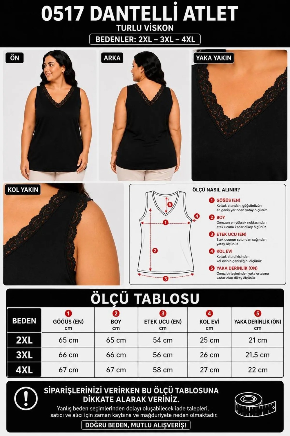 Gülmina Moda Kadın Büyük Beden Ön Arka V Yaka Dantelli Atlet görsel 2