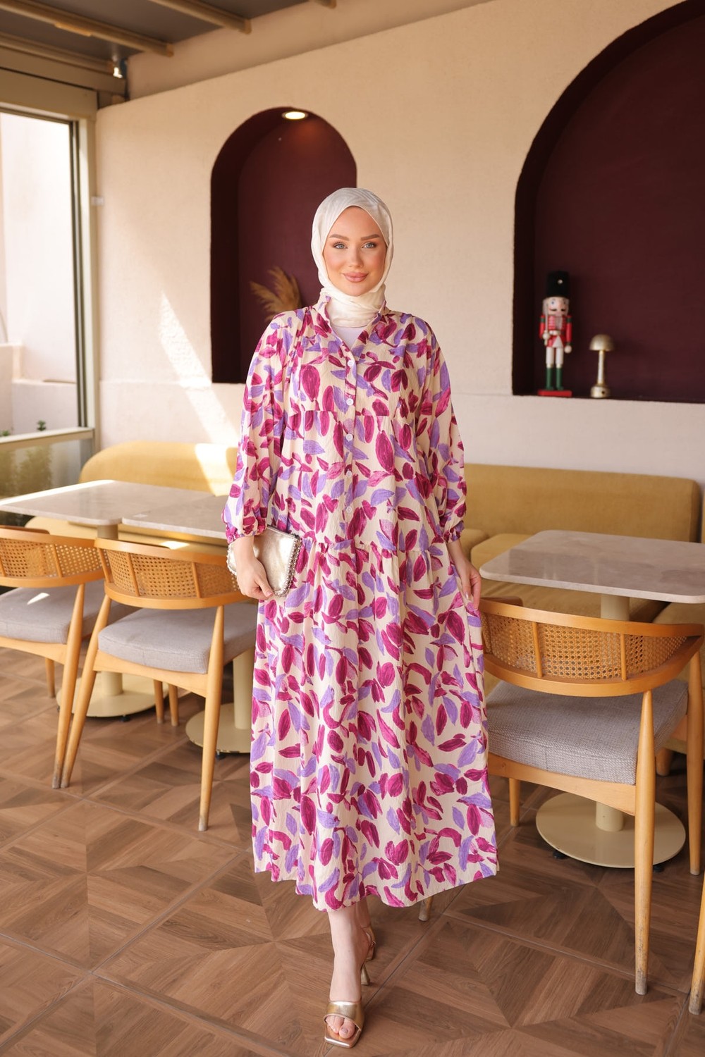 İmaj Butik Mürdüm Yarım Düğmeli Kol Lastikli Desenli Elbise