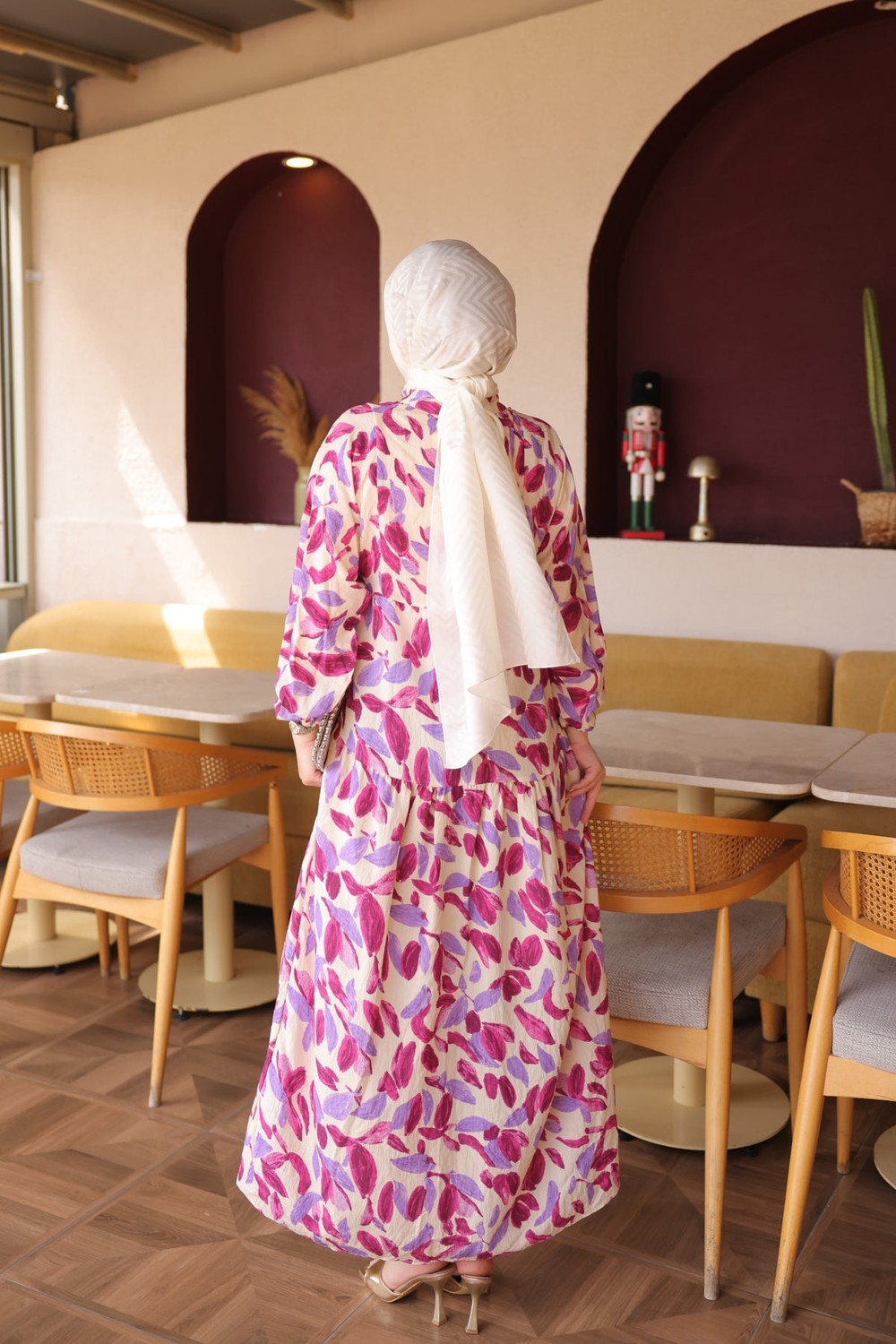 İmaj Butik Mürdüm Yarım Düğmeli Kol Lastikli Desenli Elbise görsel 4