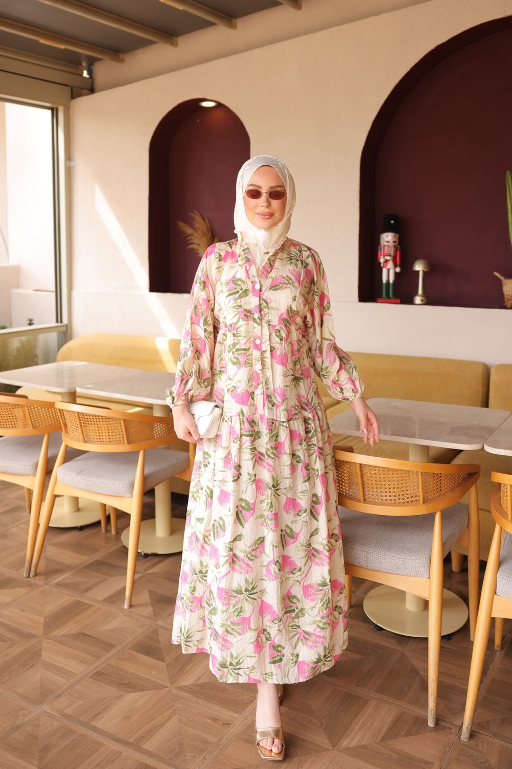 İmaj Butik Pembe Yarım Düğmeli Kol Lastikli Desenli Elbise