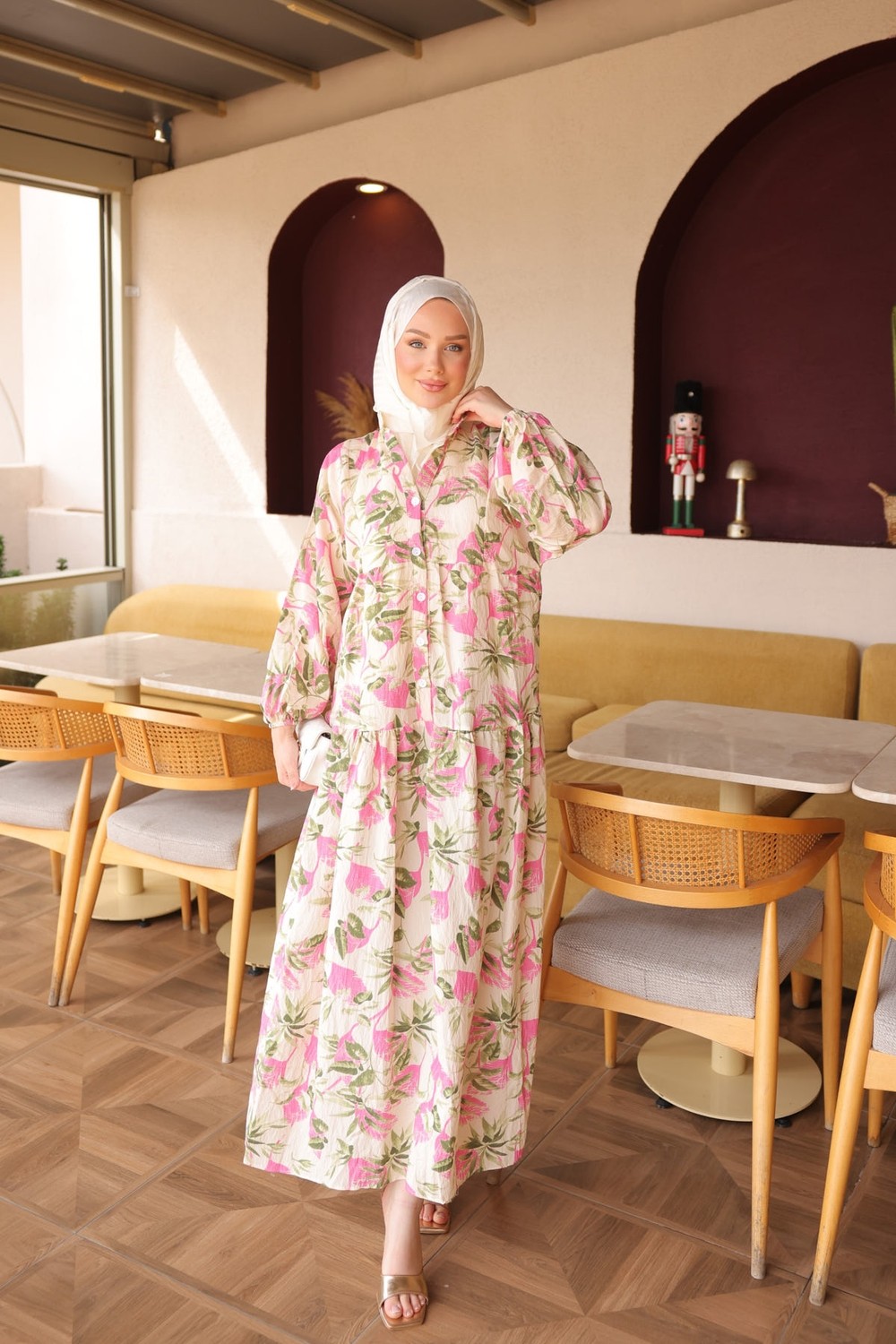 İmaj Butik Pembe Yarım Düğmeli Kol Lastikli Desenli Elbise görsel 2