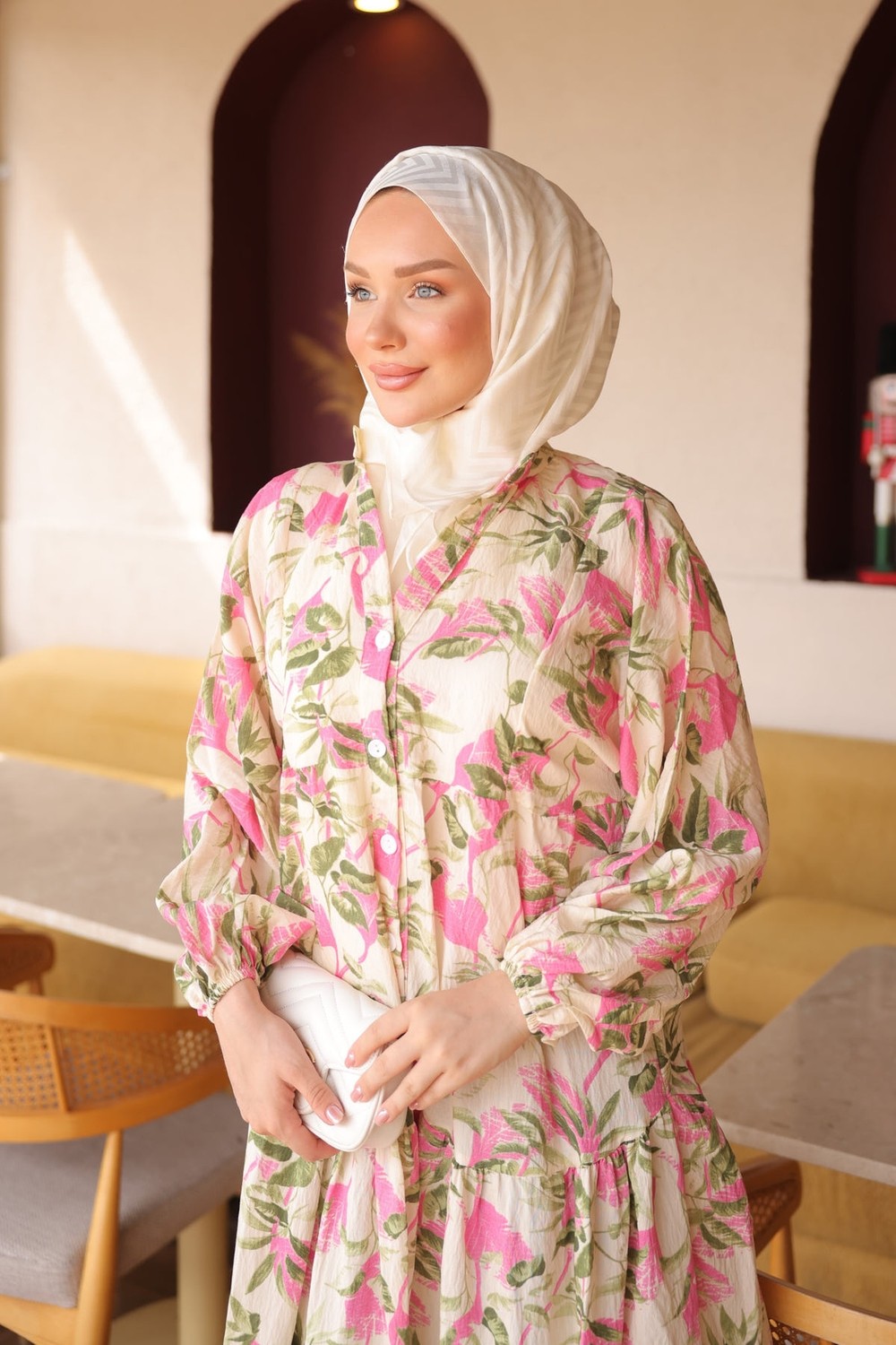 İmaj Butik Pembe Yarım Düğmeli Kol Lastikli Desenli Elbise görsel 3
