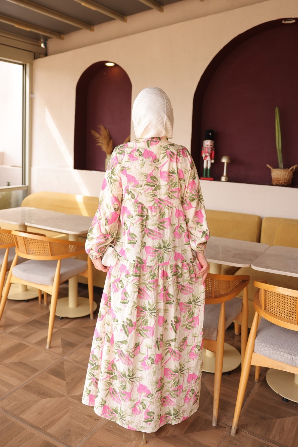 İmaj Butik Pembe Yarım Düğmeli Kol Lastikli Desenli Elbise görsel 5