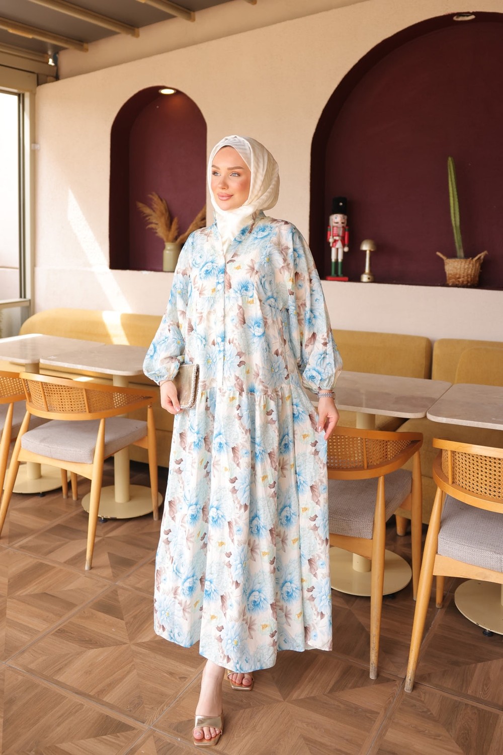 İmaj Butik Pembe Yarım Düğmeli Kol Lastikli Desenli Elbise
