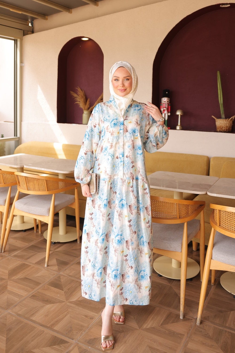 İmaj Butik Pembe Yarım Düğmeli Kol Lastikli Desenli Elbise görsel 2
