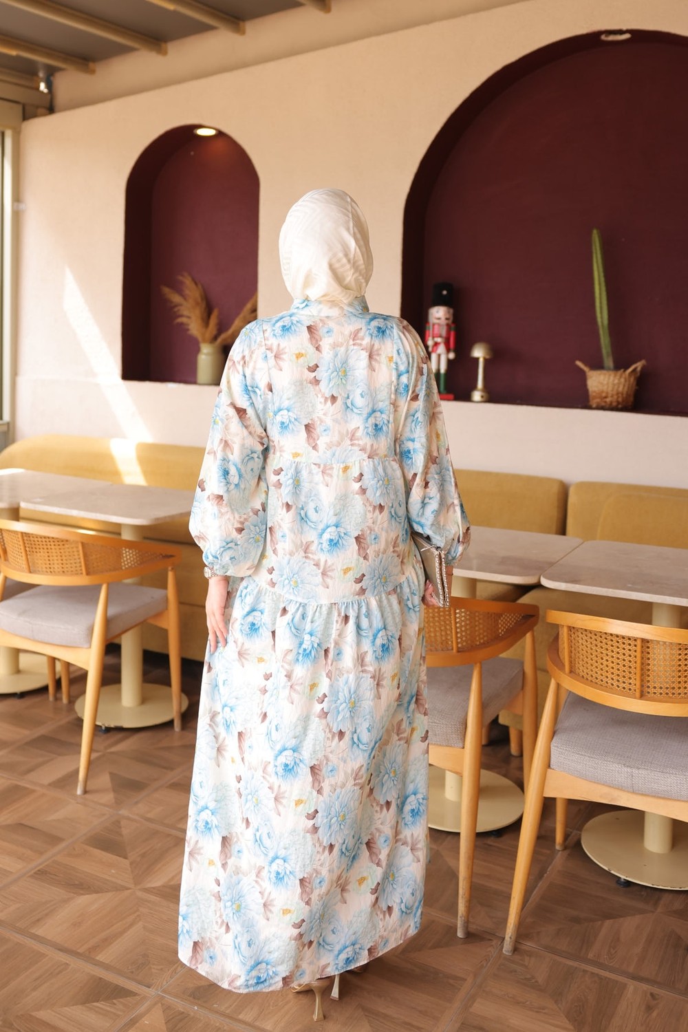 İmaj Butik Pembe Yarım Düğmeli Kol Lastikli Desenli Elbise görsel 5
