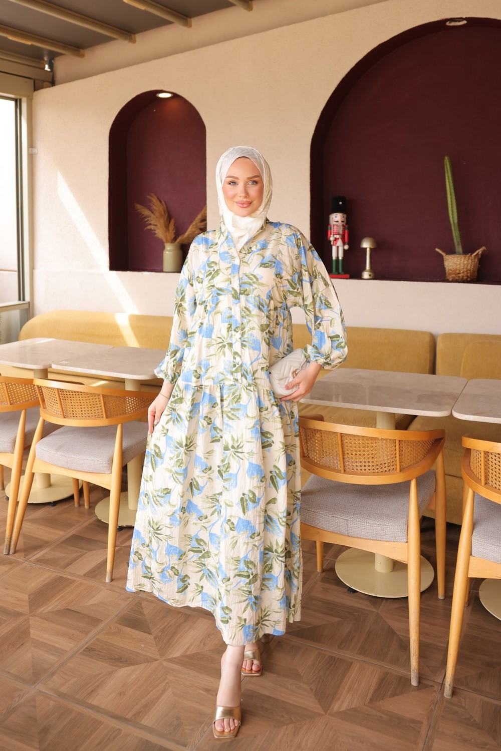 İmaj Butik Pembe Yarım Düğmeli Kol Lastikli Desenli Elbise görsel 6