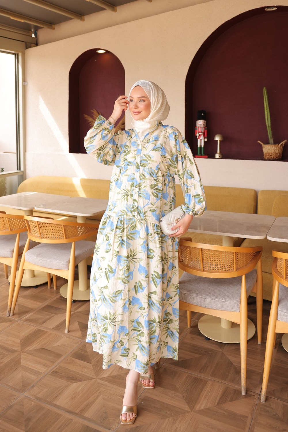 İmaj Butik Pembe Yarım Düğmeli Kol Lastikli Desenli Elbise görsel 7