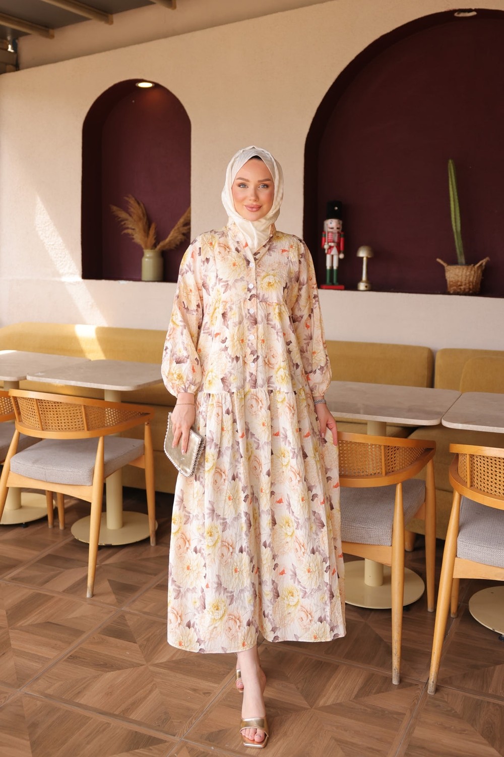 İmaj Butik Pembe Yarım Düğmeli Kol Lastikli Desenli Elbise