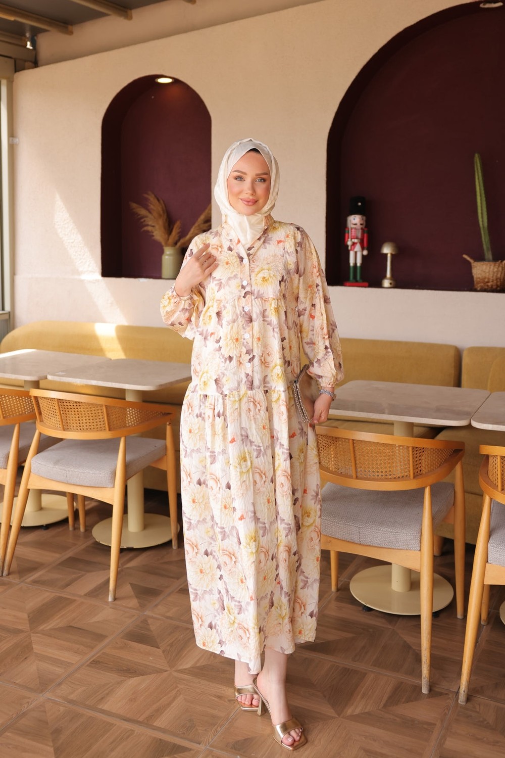 İmaj Butik Pembe Yarım Düğmeli Kol Lastikli Desenli Elbise görsel 7